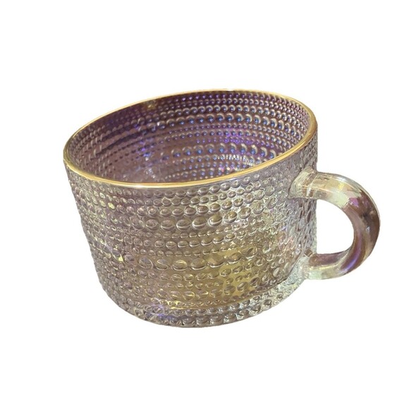 2 Iridescent Style Glass Coffee Mugs Set Of Cups Hobnail Style Gold Trim Cups - Picture 4 of 16